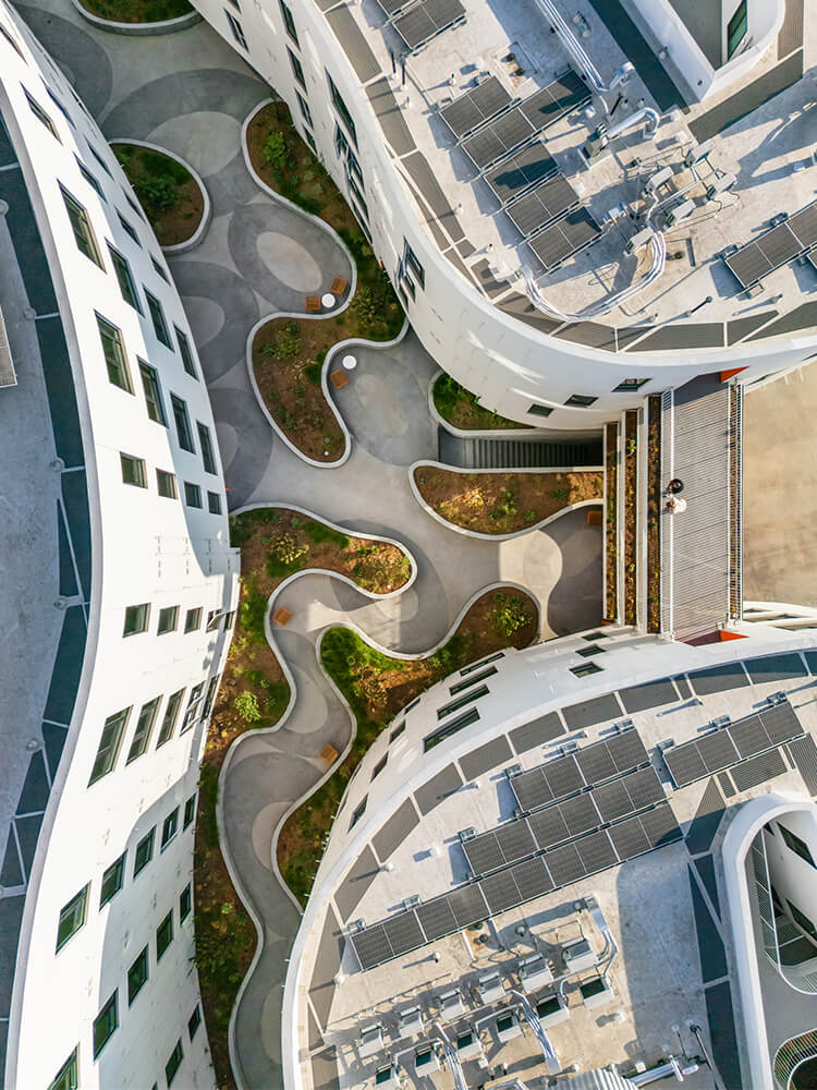 Aerial view of landscaped courtyard