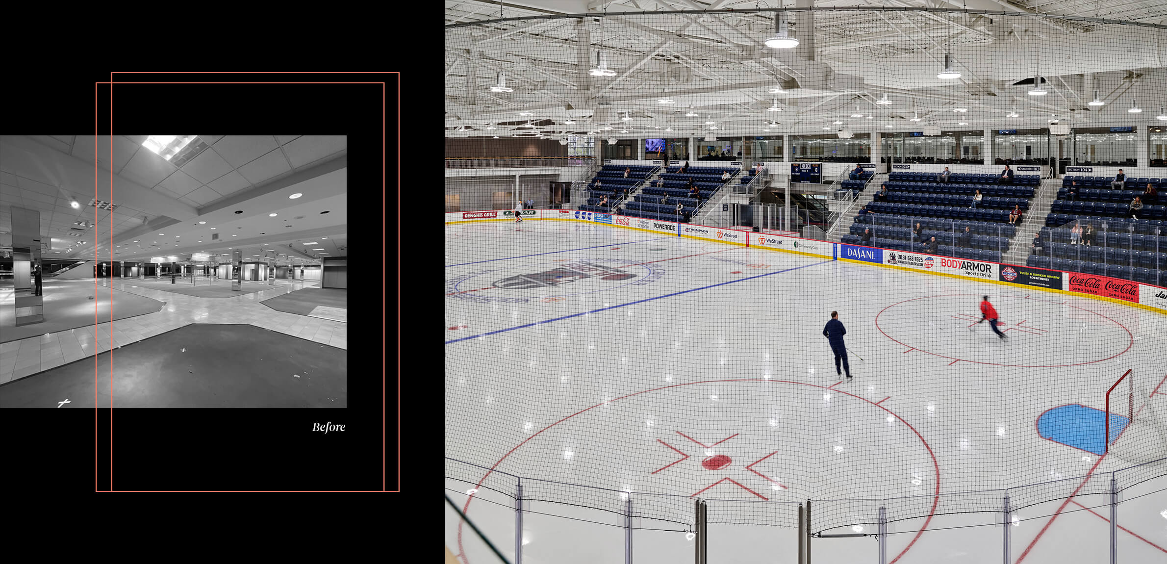 Before and after photo of the interior of WeStreet Ice Center.