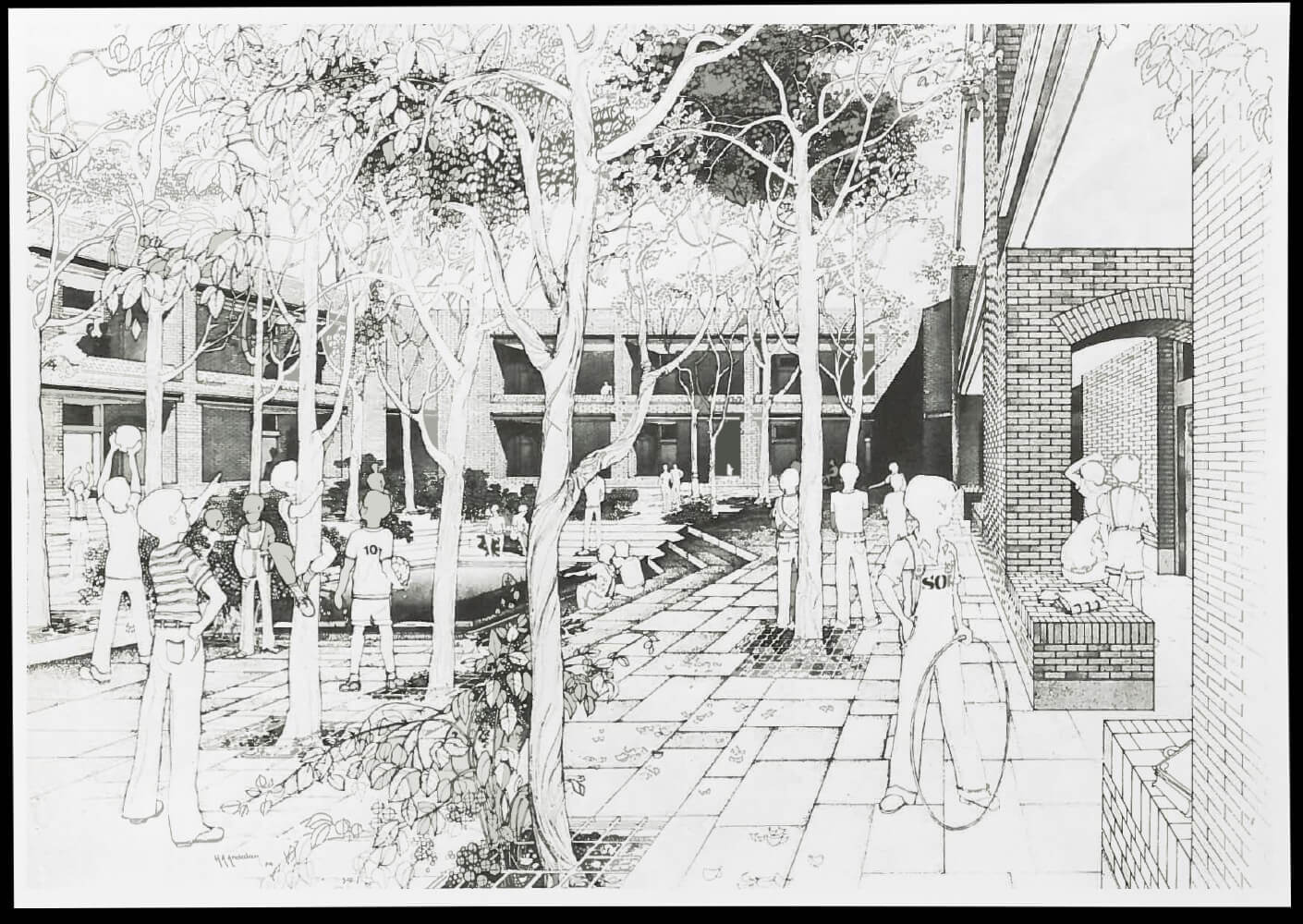 A black and white sketch of the school courtyard with students