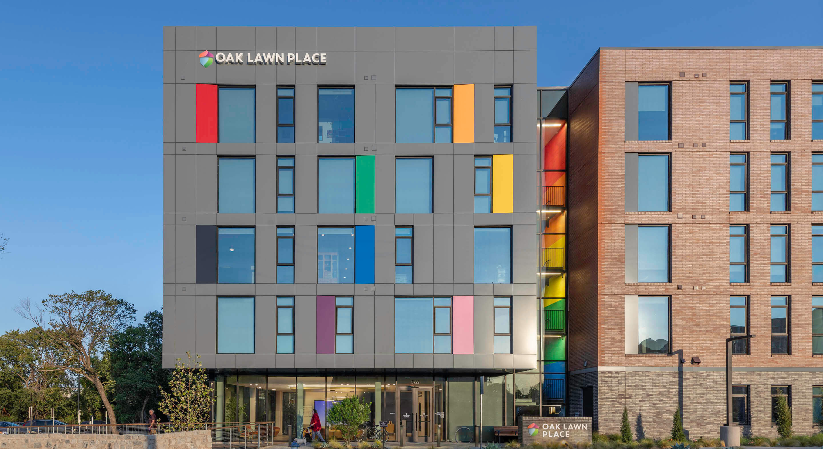 The colorful facade of the Oak Lawn Place development