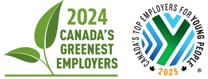 Badges for Canada's Greenest Employers 2024, and Canada's Top Employers for Young People 2025.