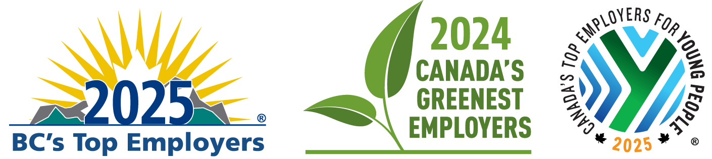 Badges for BC's Top employers 2025, Canada's Greenest Employers 2024, and Canada's Top Employers for Young People 2025.