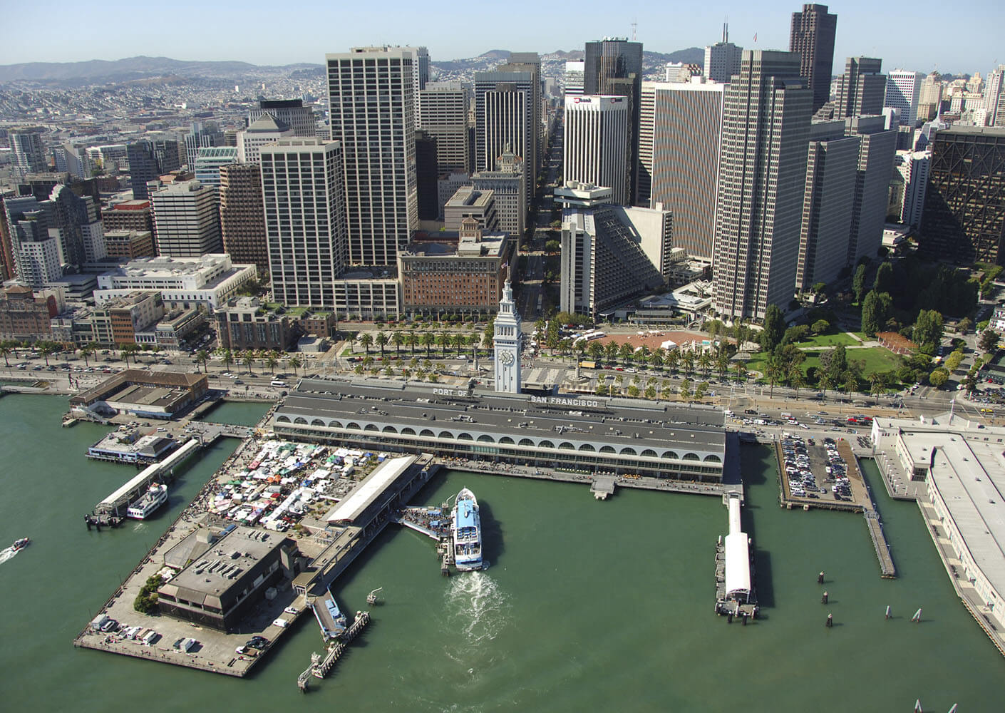 aerial image of the ferry building over the bay