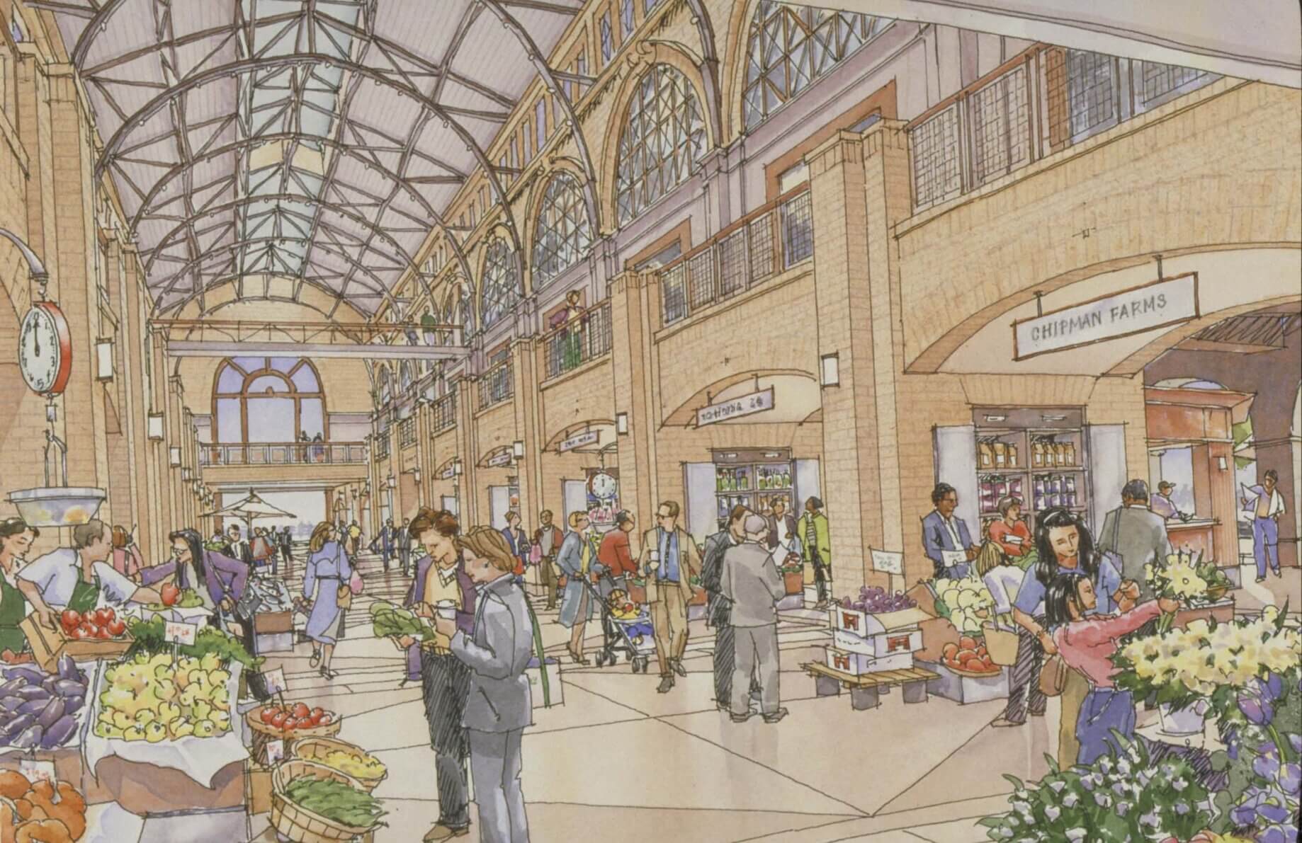 interior sketch of the ferry building concourse with patrons at local shops