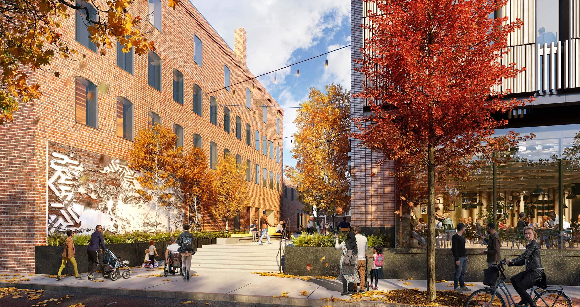 plaza with brick building in day