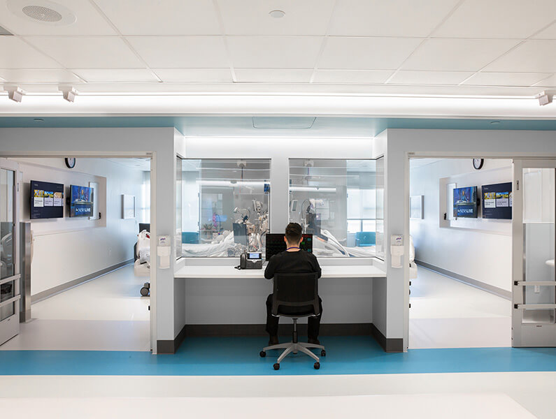 nurse station in hospital with nurse sitting