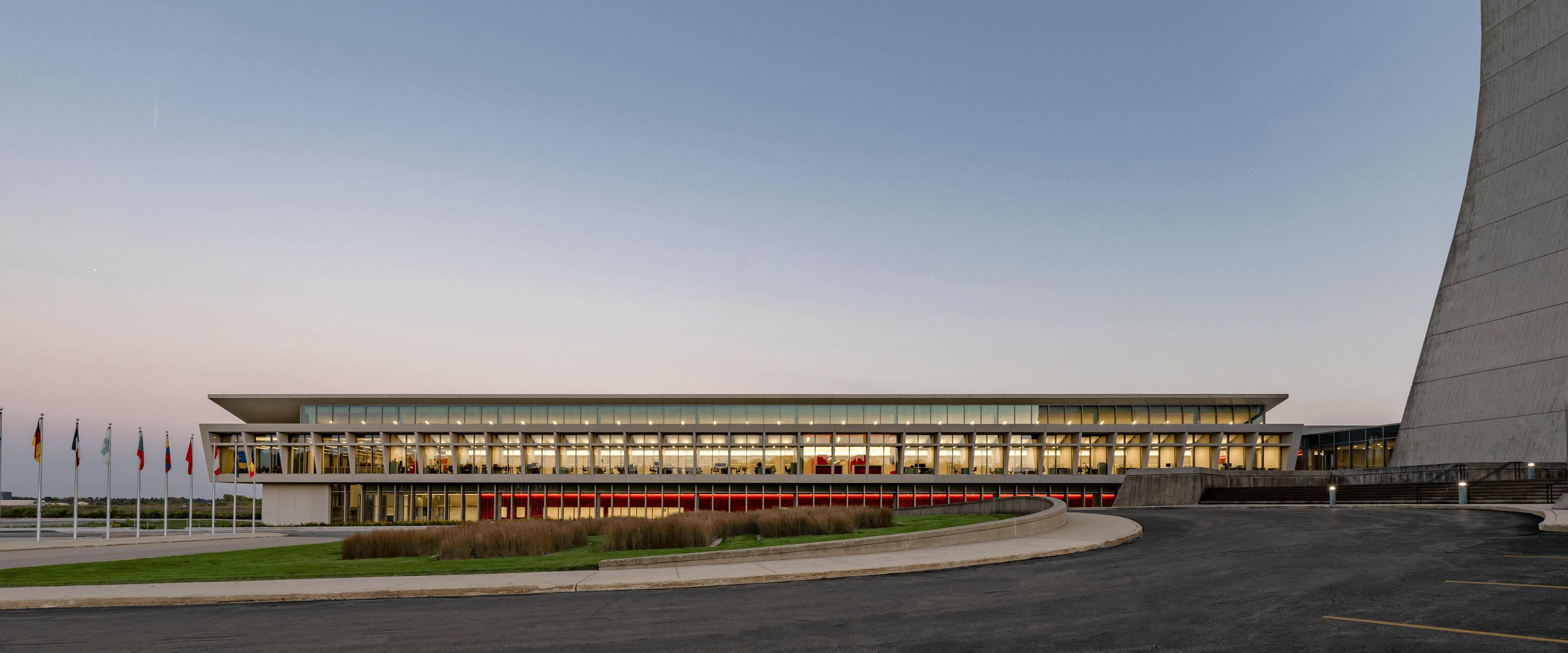Exterior, flags to the left