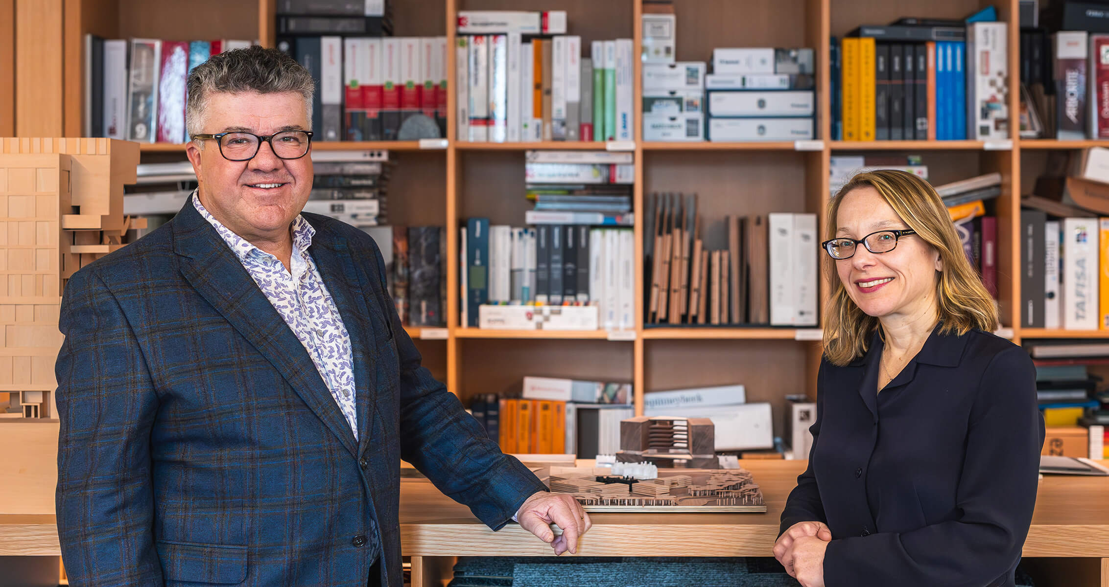 cecily and d'arcy in a studio library