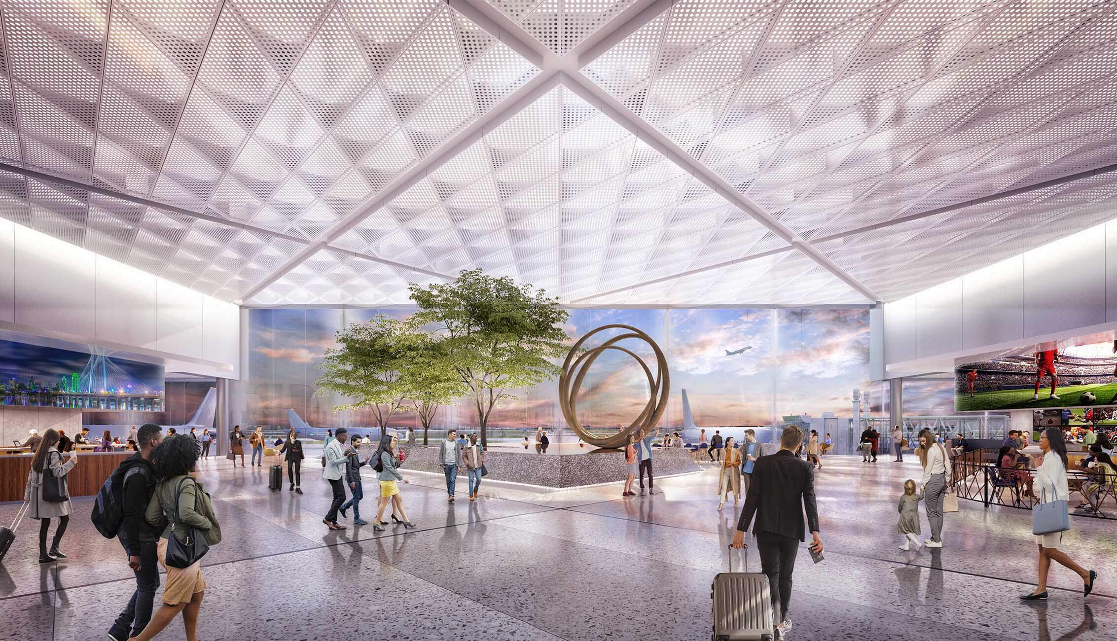 A rendering of travelers walking through a bright, open terminal with trees and sculptural features in the center, and extensive exterior views