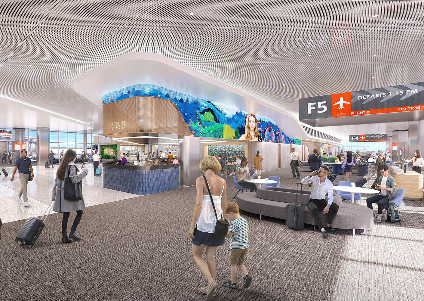 A rendering of the concourse's double-loaded design in active use, with passengers walking alongside amenities on both sides