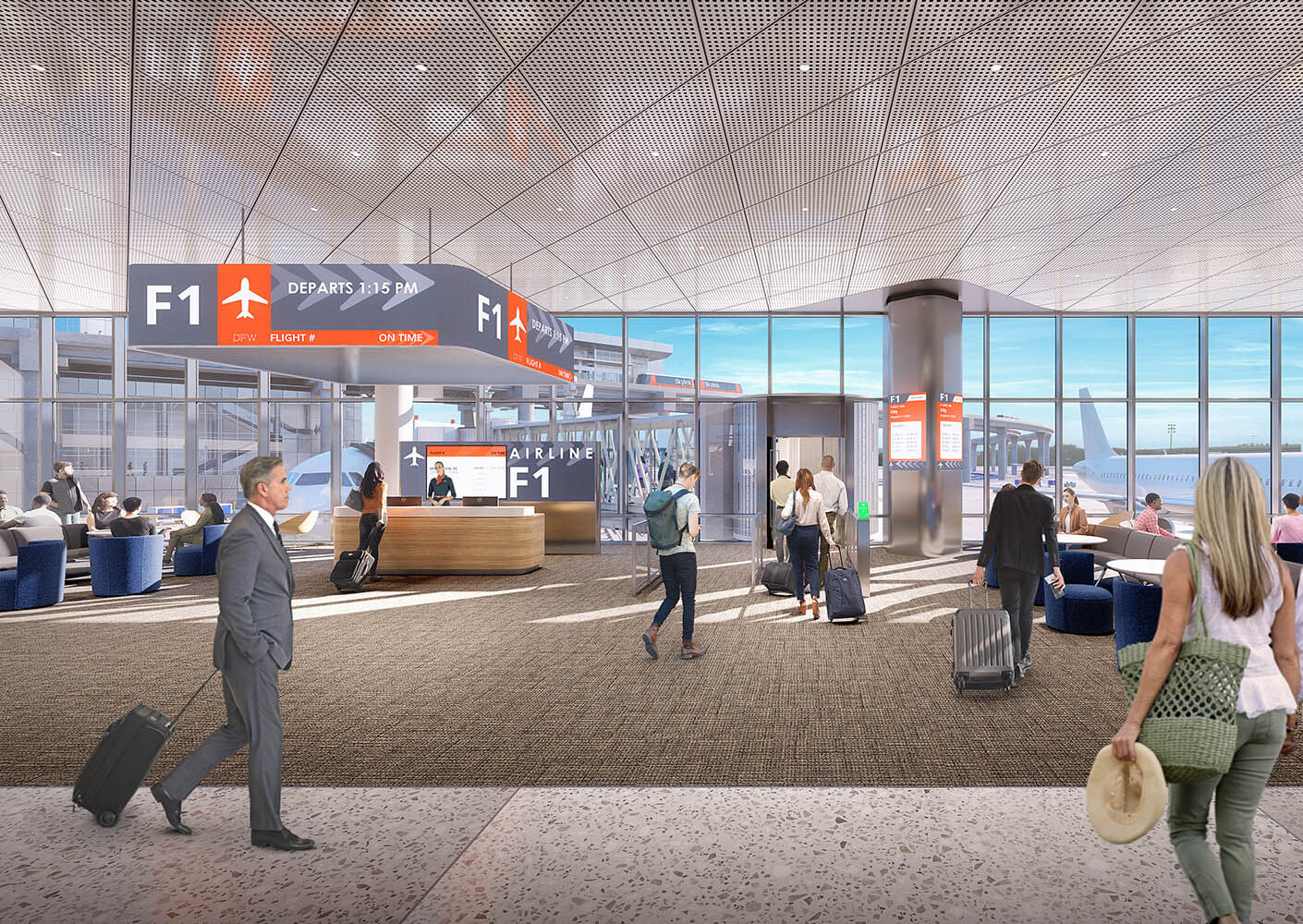 A rendering of gate F1 with passengers arriving and looking out through the glass