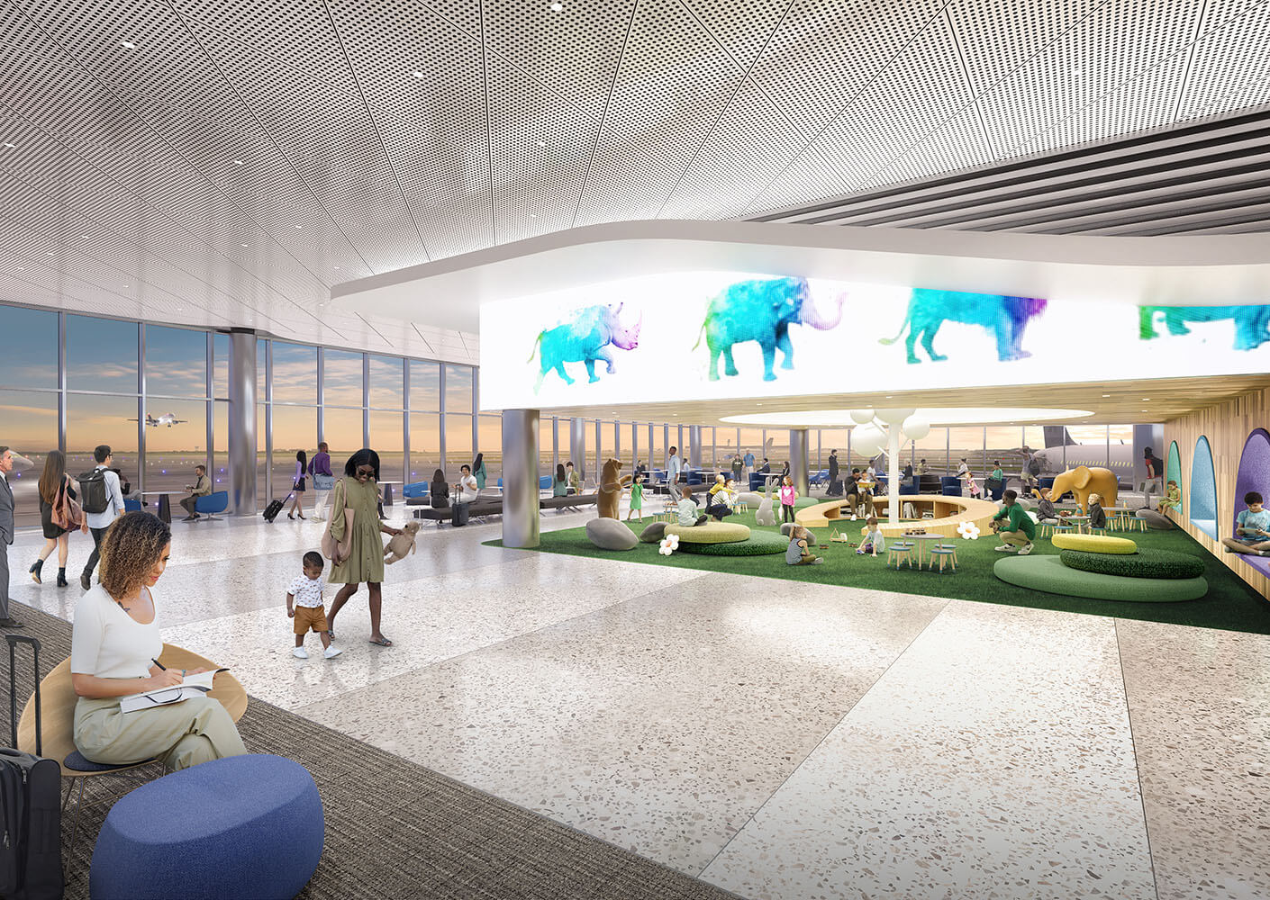 A rendering of a child's play area in Terminal F featuring soft, rounded forms and a garden-like playground design