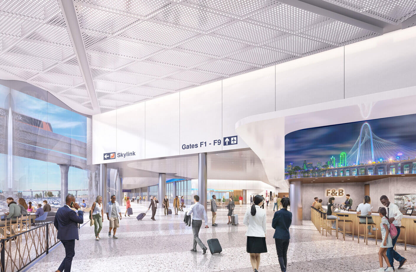 Rendering of the brightly lit concourse entrance, with expansive views and large digital displays by a variety of airport dining options
