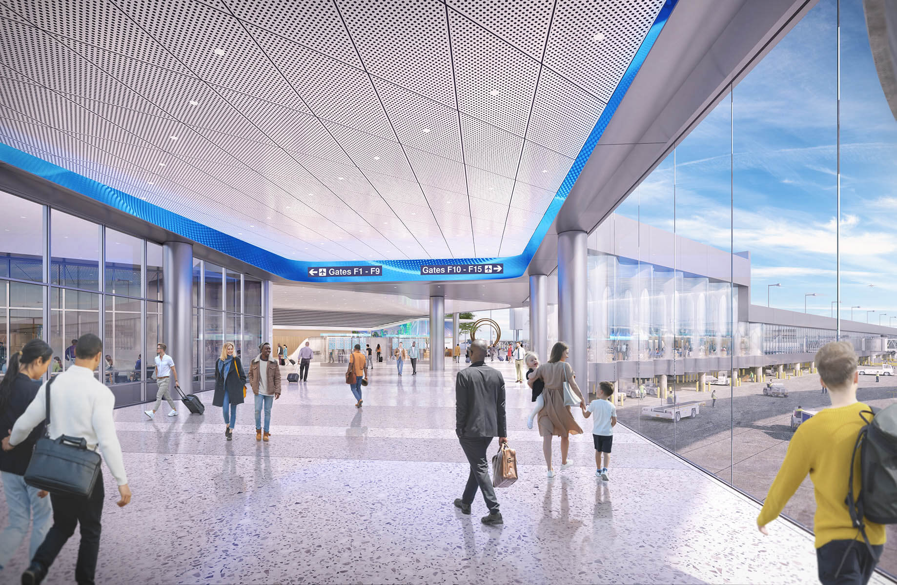 A rendering of passengers approaching Terminal F next to expansive views through the iconic glazing