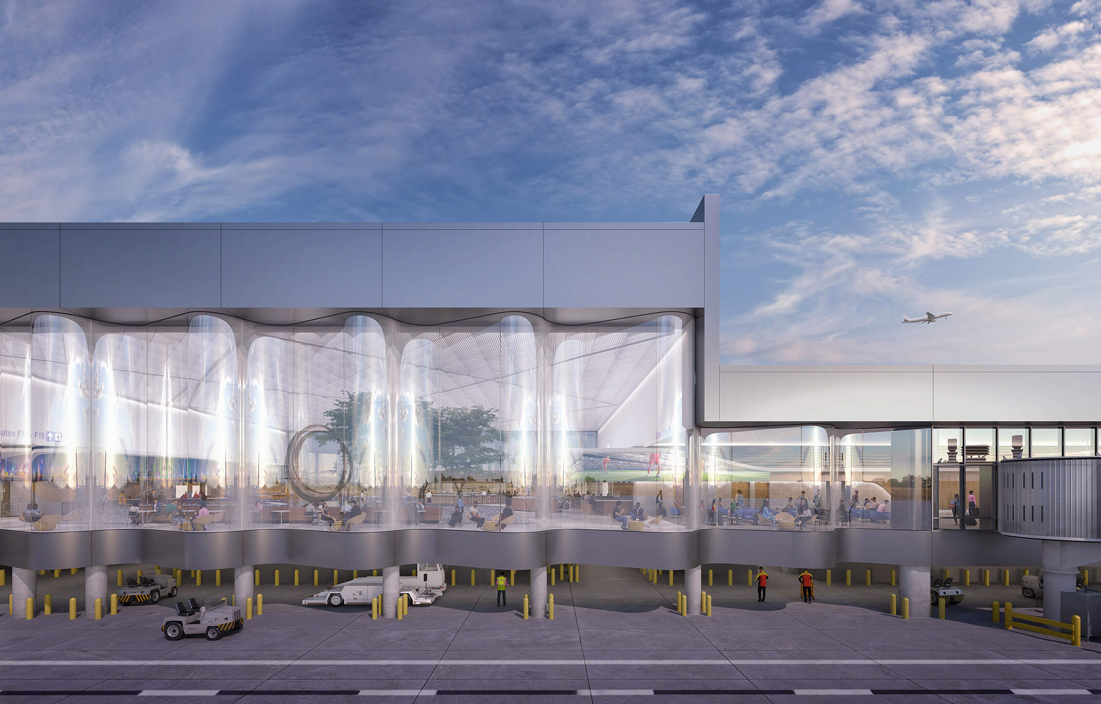 A rendering of the exterior view of the terminal, with an undulating glass wall and floor-to-ceiling visibility