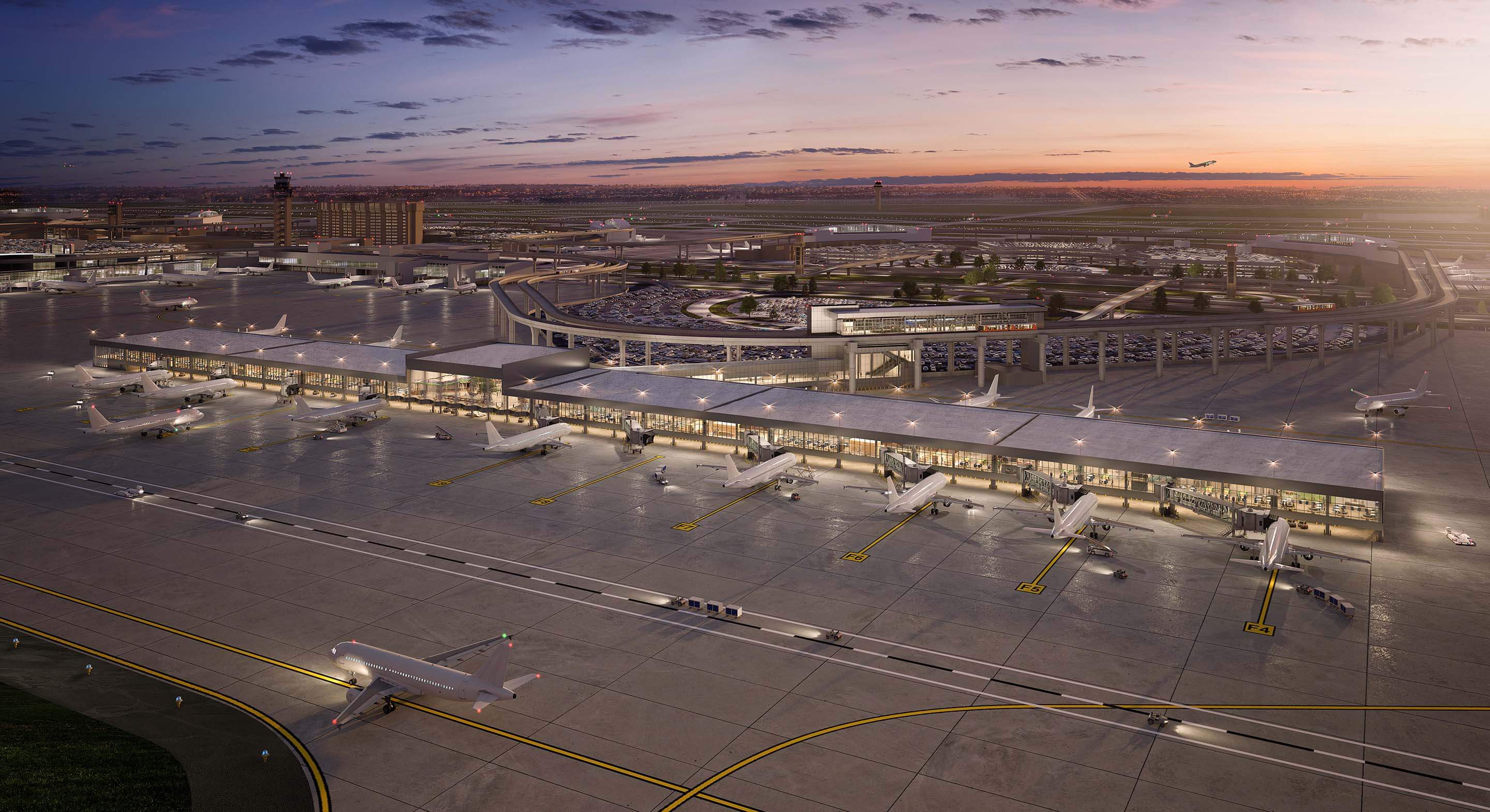 A rendering of a long horizontal airport terminal at dusk