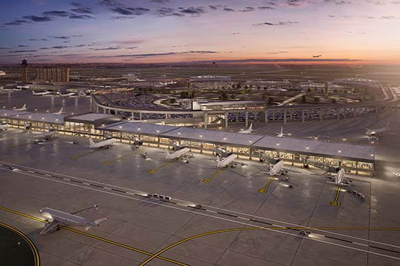 A rendering of a long horizontal airport terminal at dusk