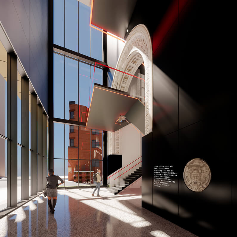 Daylit lobby with windows and white grand arch entry