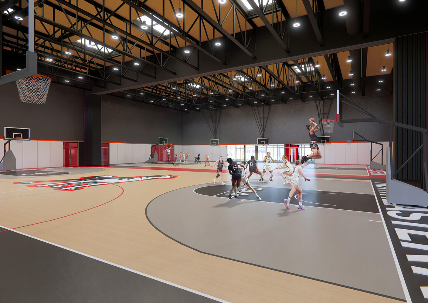 basketball practice court with athletes in play