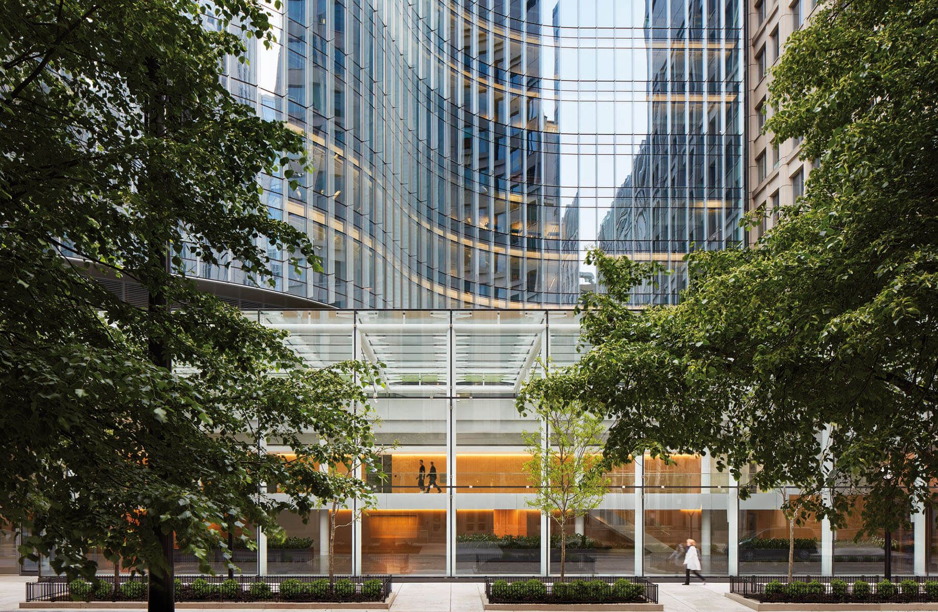 exterior of a curved glass facade