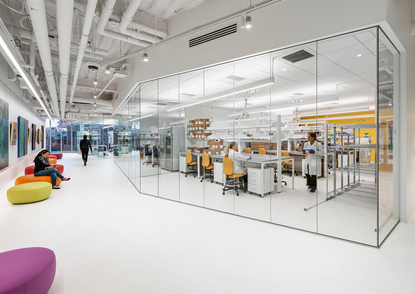 An enclosed lab space in a bright hallway