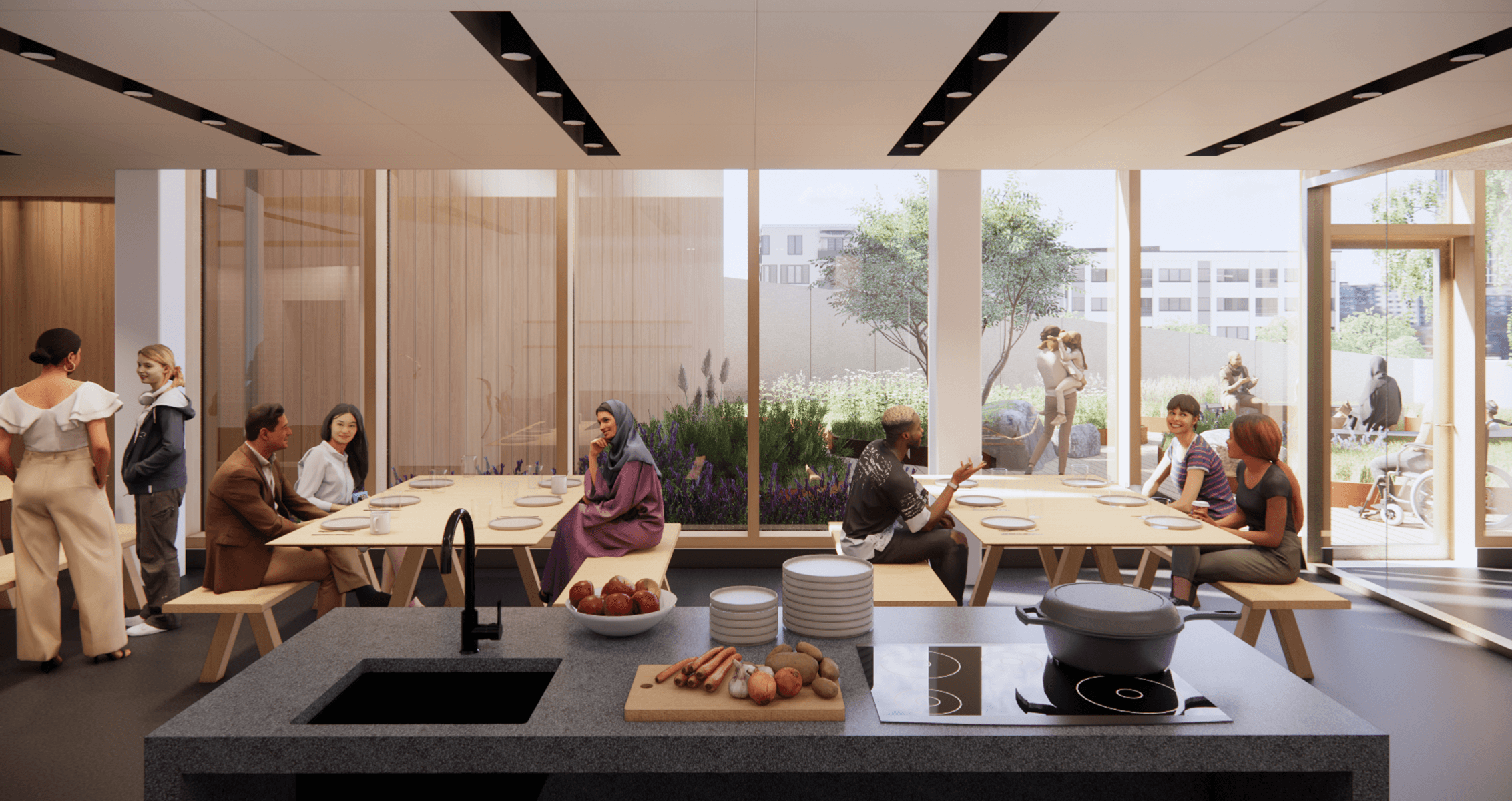A view of the community kitchen, overlooking the rooftop garden.