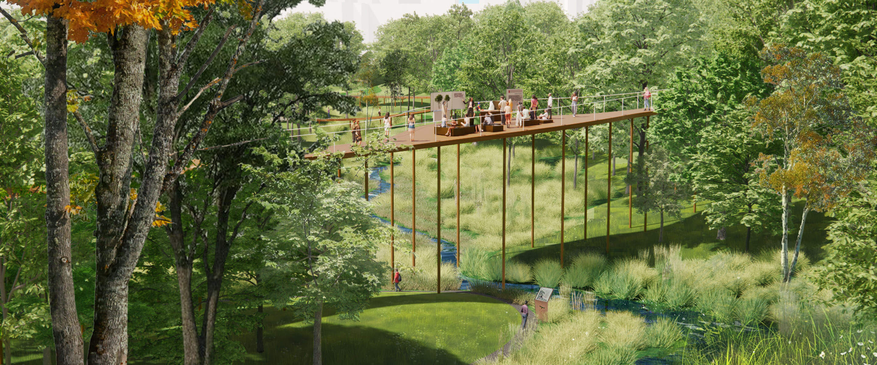 render of an elevated walkway in a lush green park surrounded by trees and a small stream below.