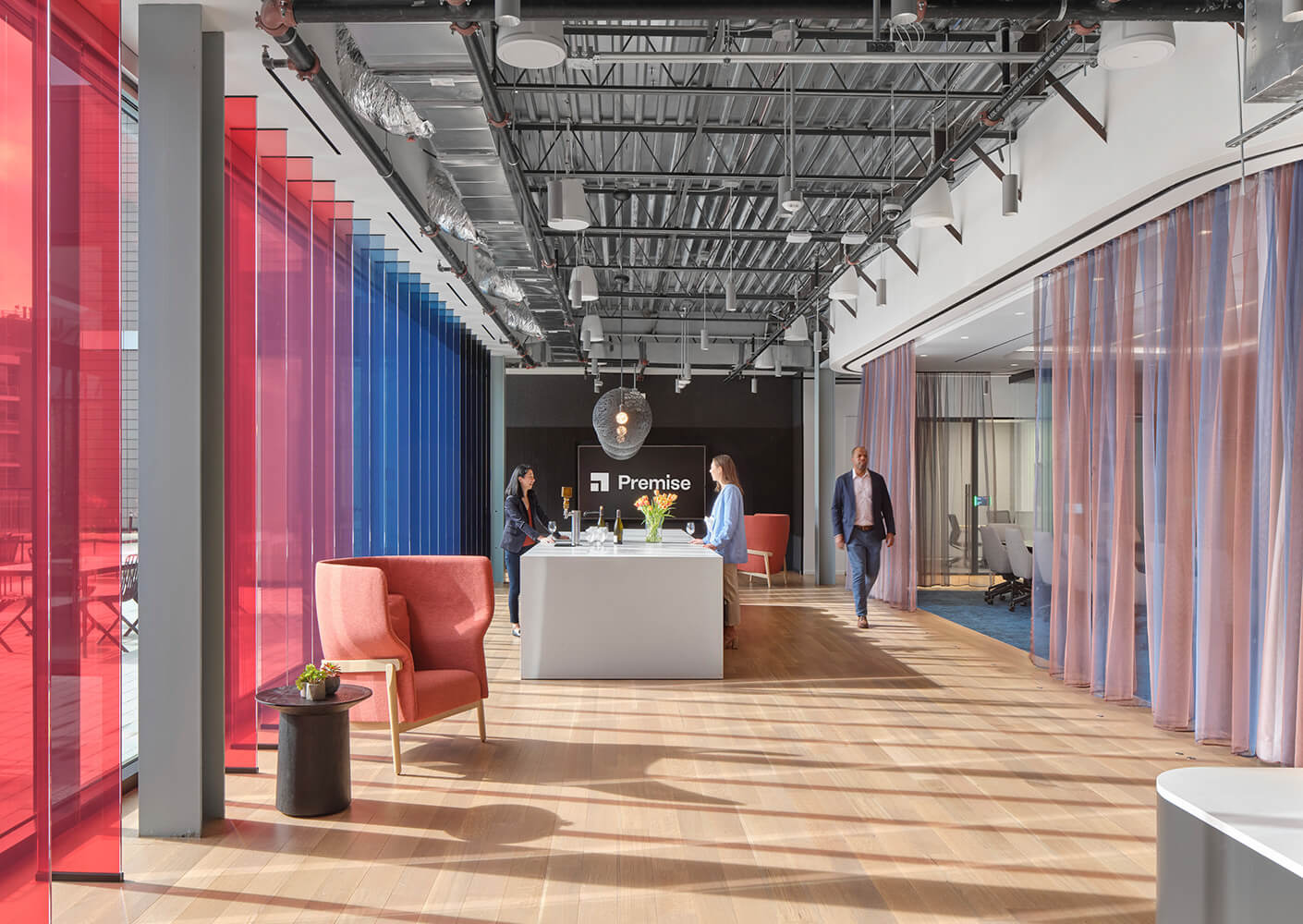 Office lobby entry with colorful window panels