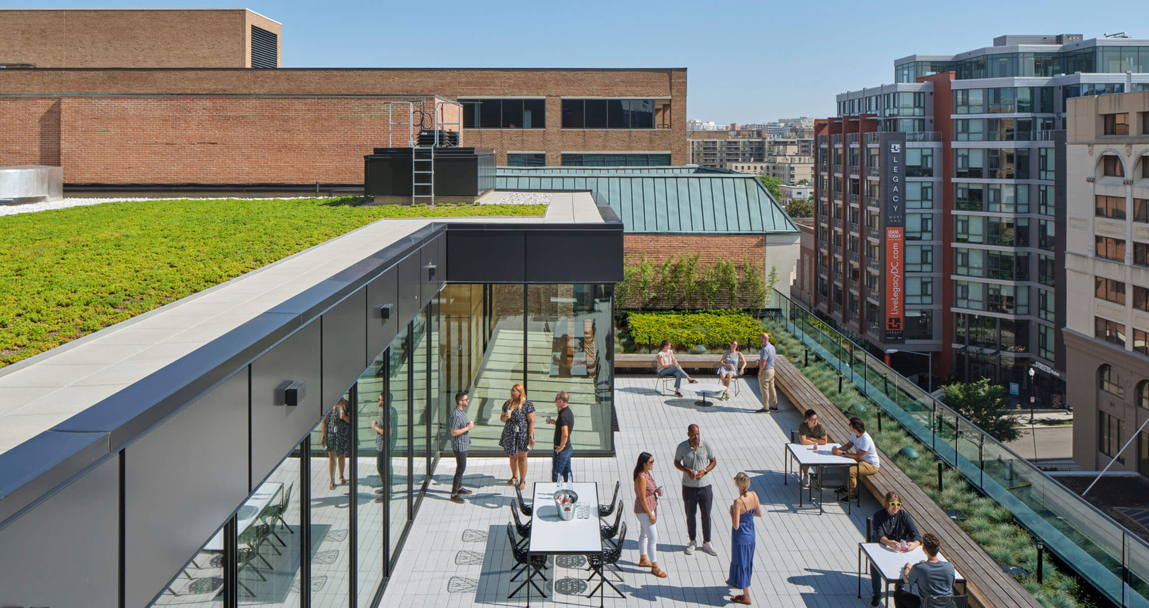 Roof deck with people on it