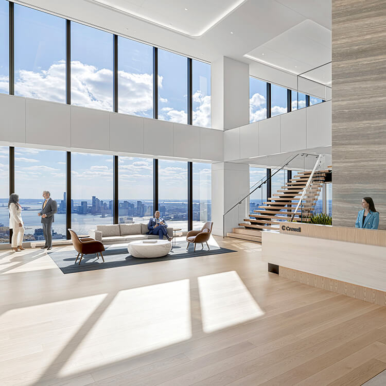 Entry lobby of office with large window with view to city