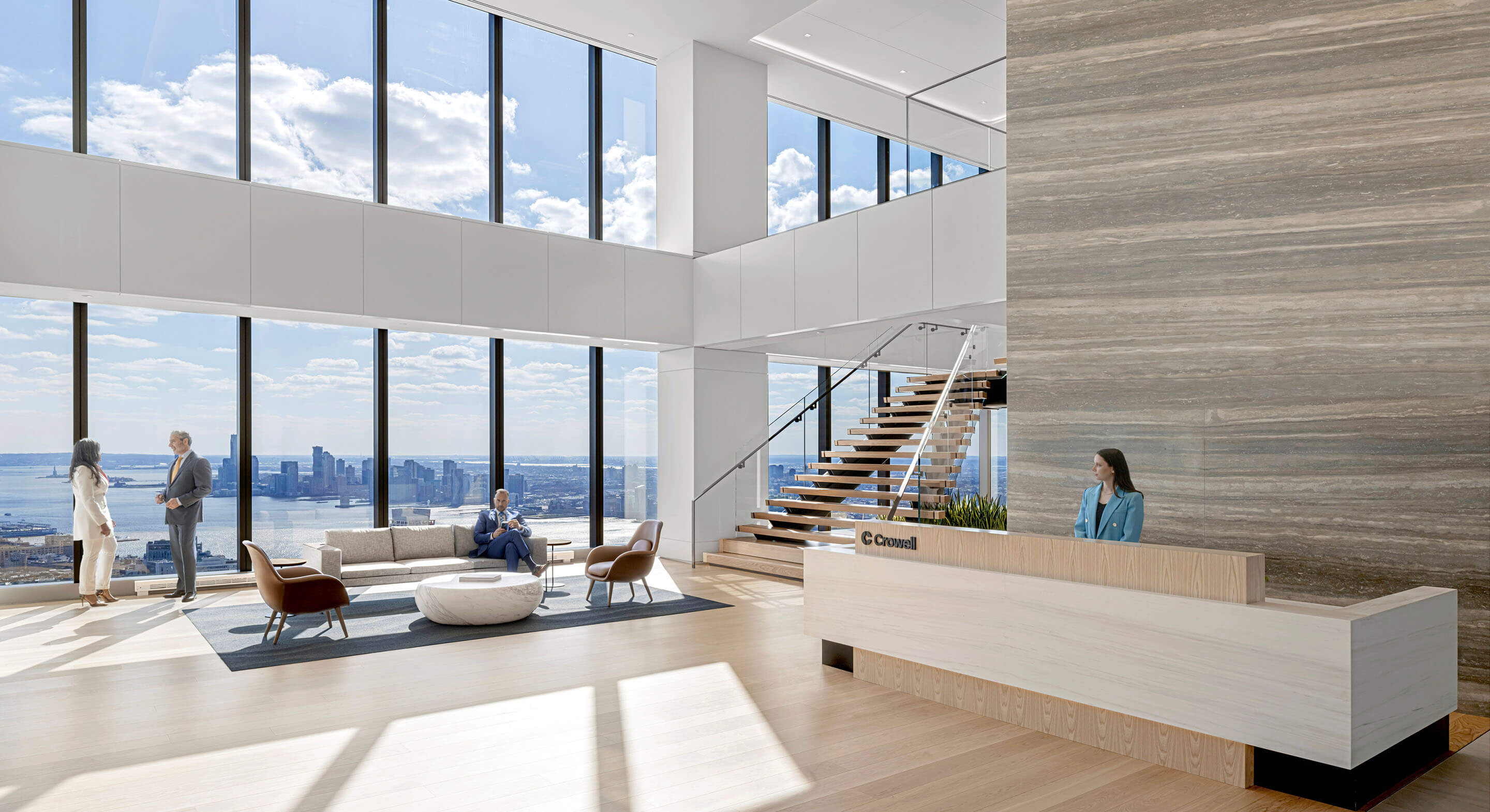 Entry lobby of office with large window with view to city