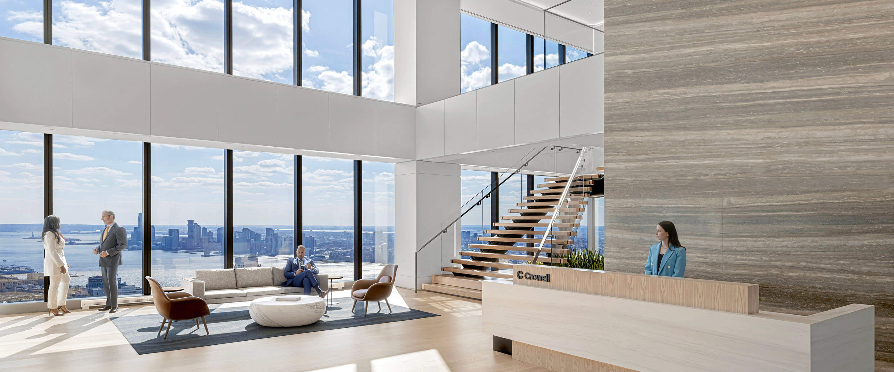 Entry lobby of office with large window with view to city