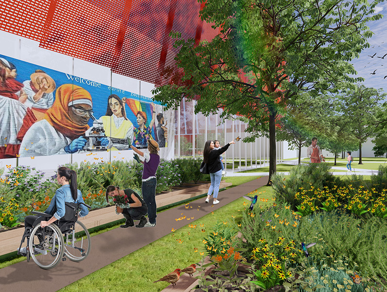 Rendering of people viewing art mural and nature path