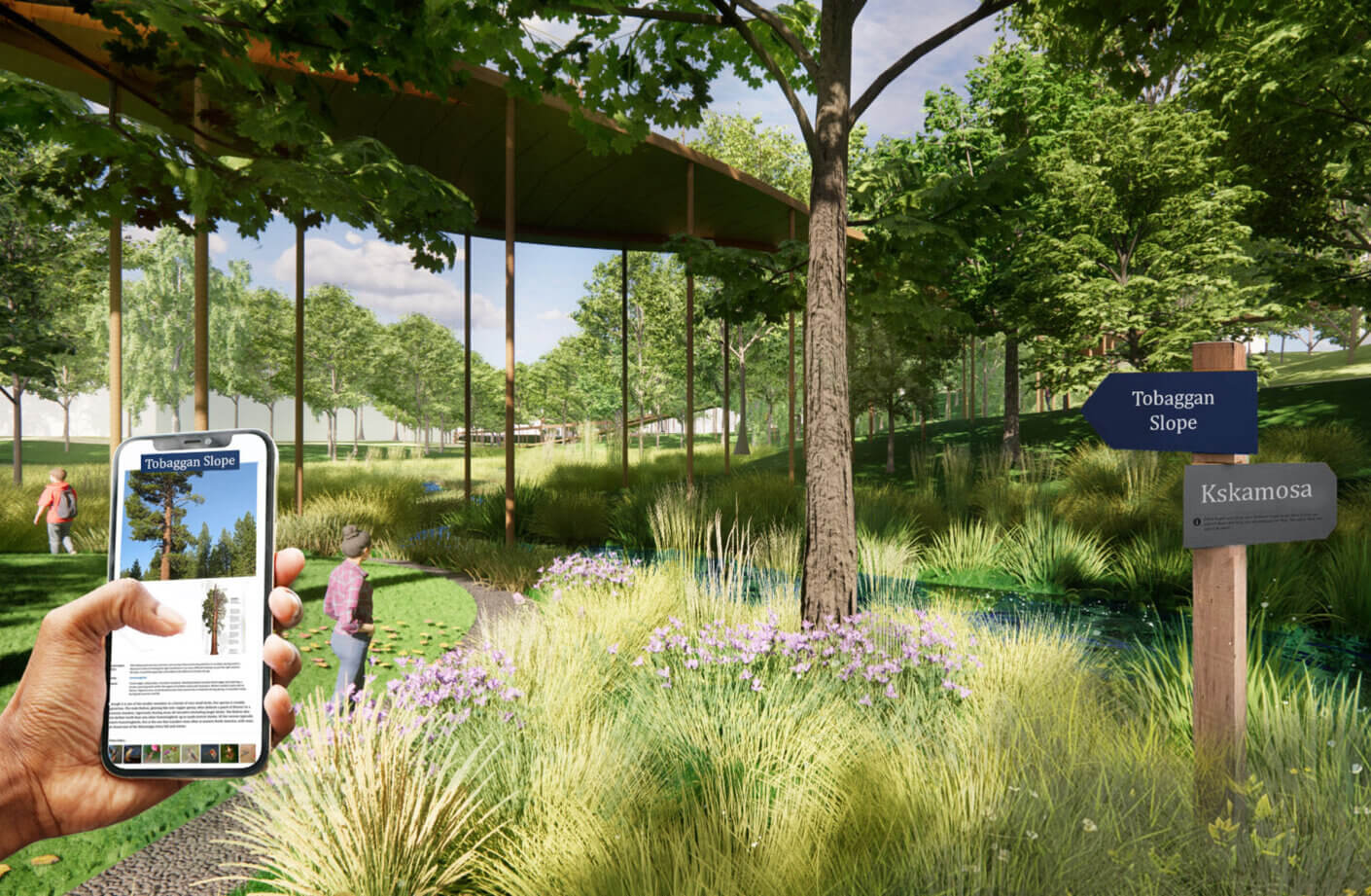 Rendering of naure path with person's hand holding phone