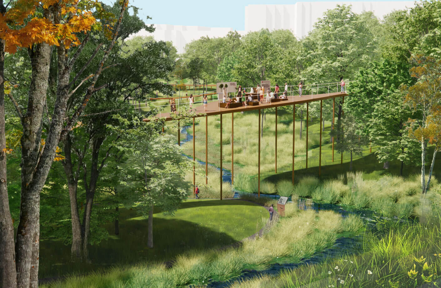 Aerial view rendering of nature trail with people walking