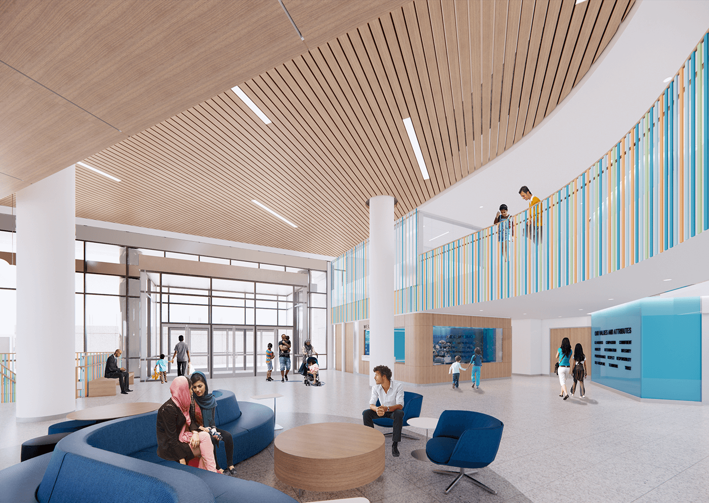 Lobby of school with colorful fins to right