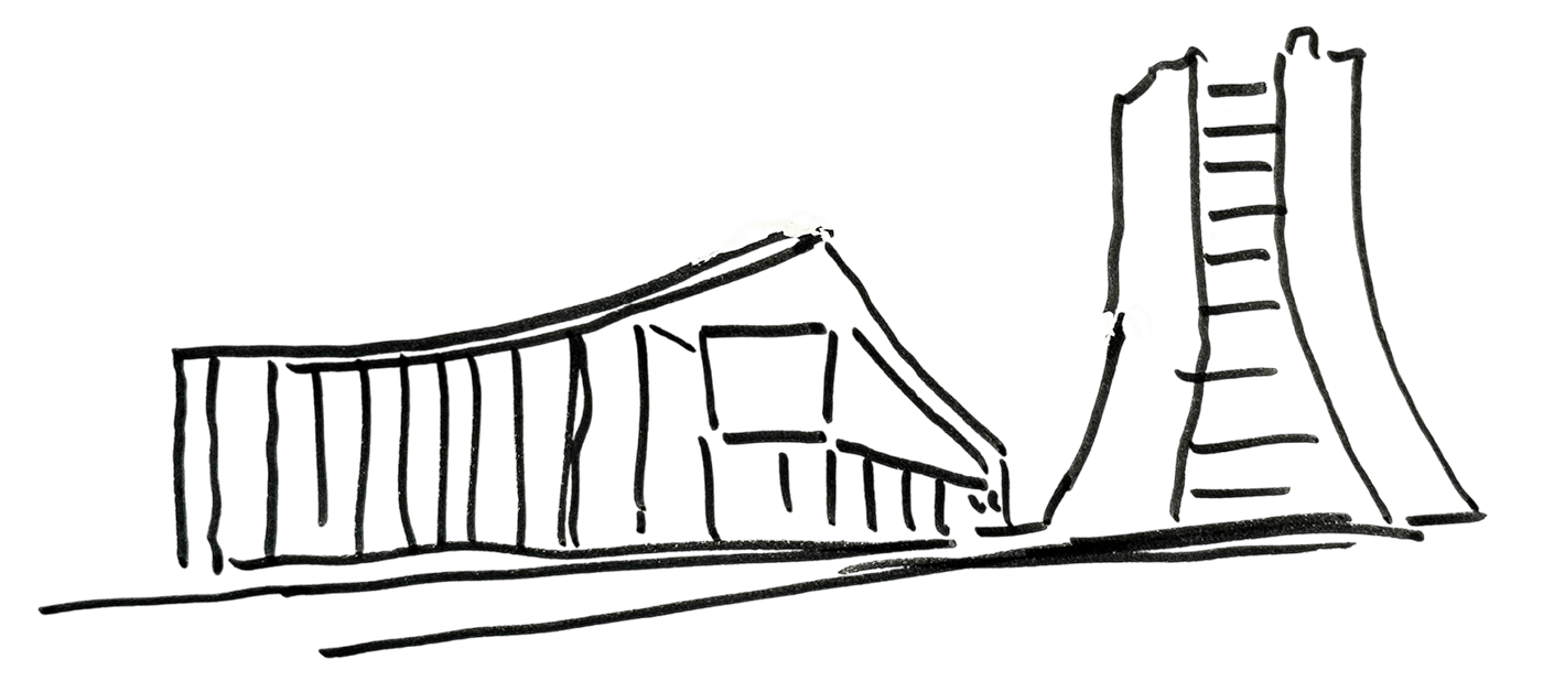 Cartoon-style illustration of two distinct buildings with unique shapes and textures, set against a plain background.