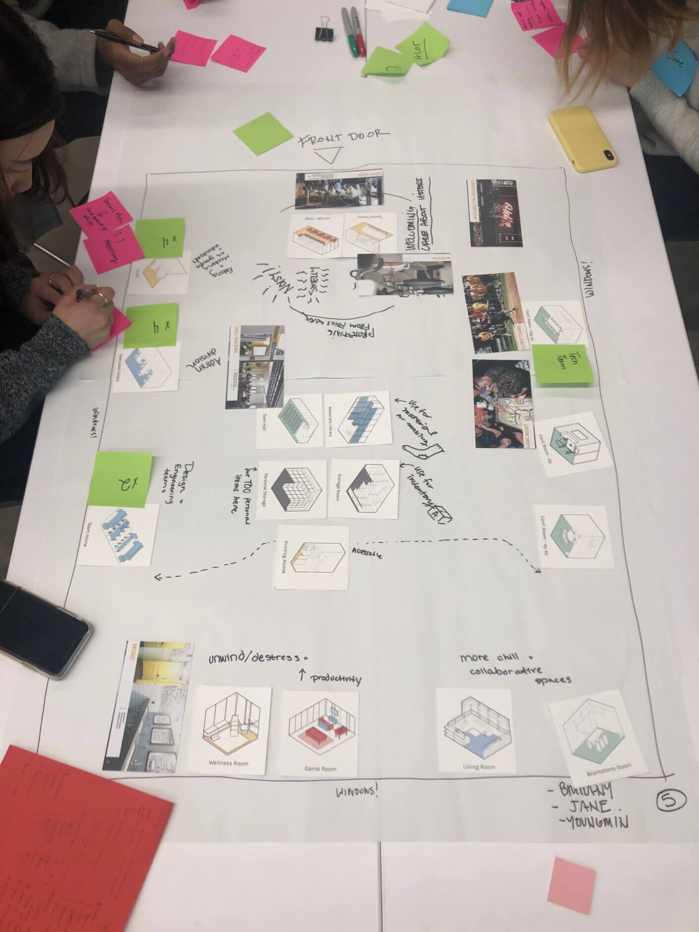 Various people working collaboratively with pens and post-its