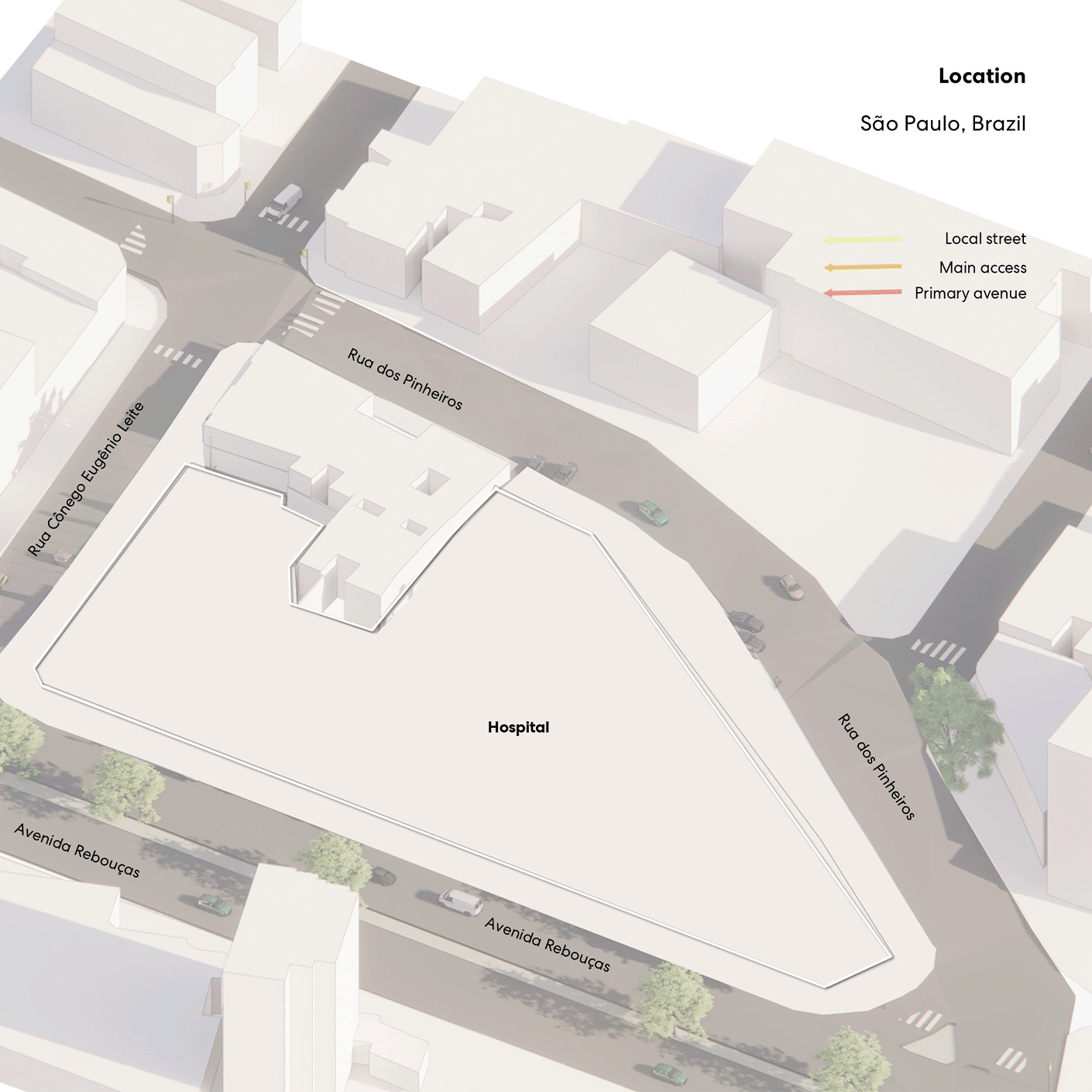 3D map of the Sabara Childrens' Hospital's location at Rua dos Pinheiros, Avenida Rebouças intersection.