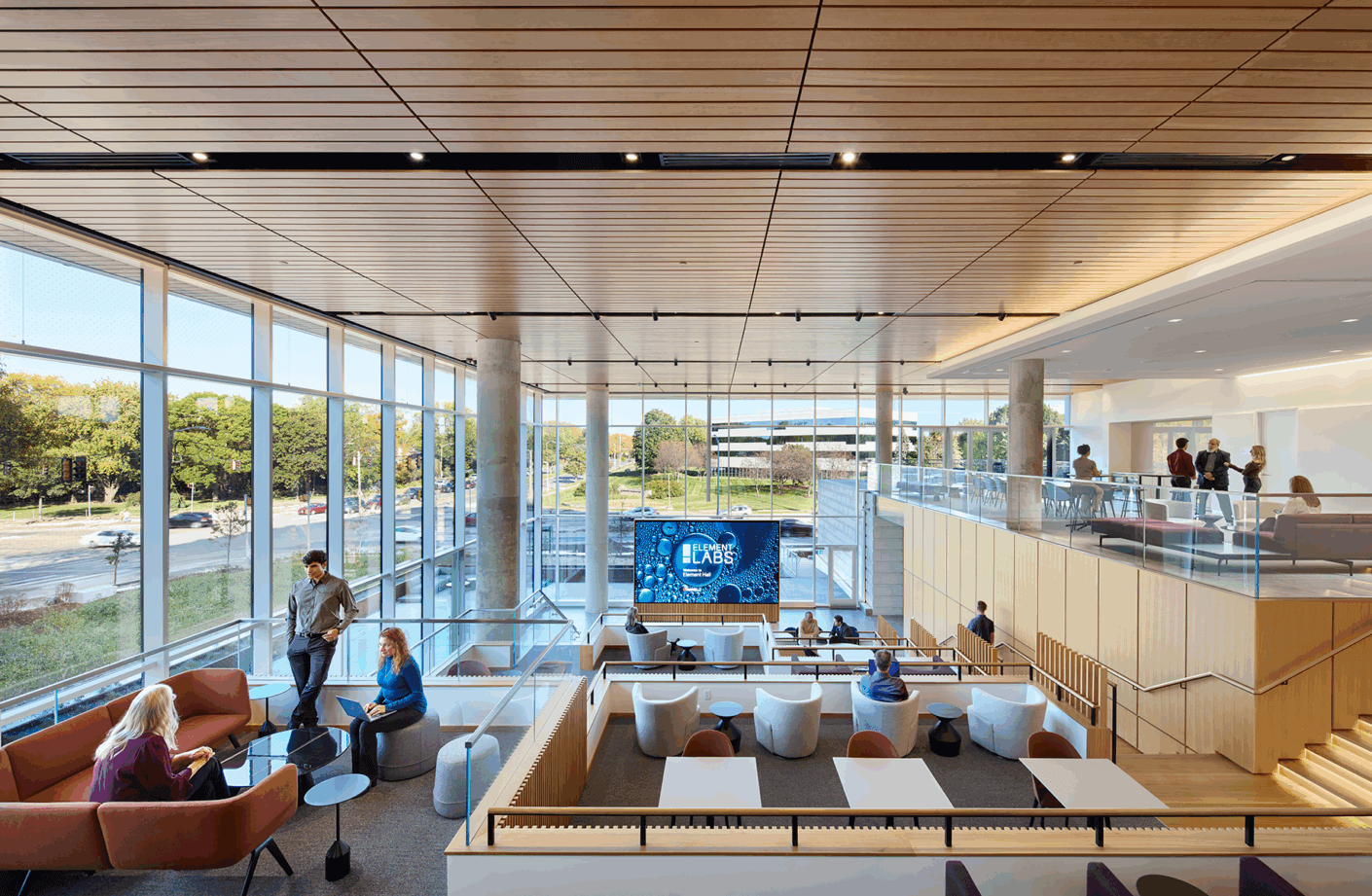 Flexible large gathering space with wood finishes