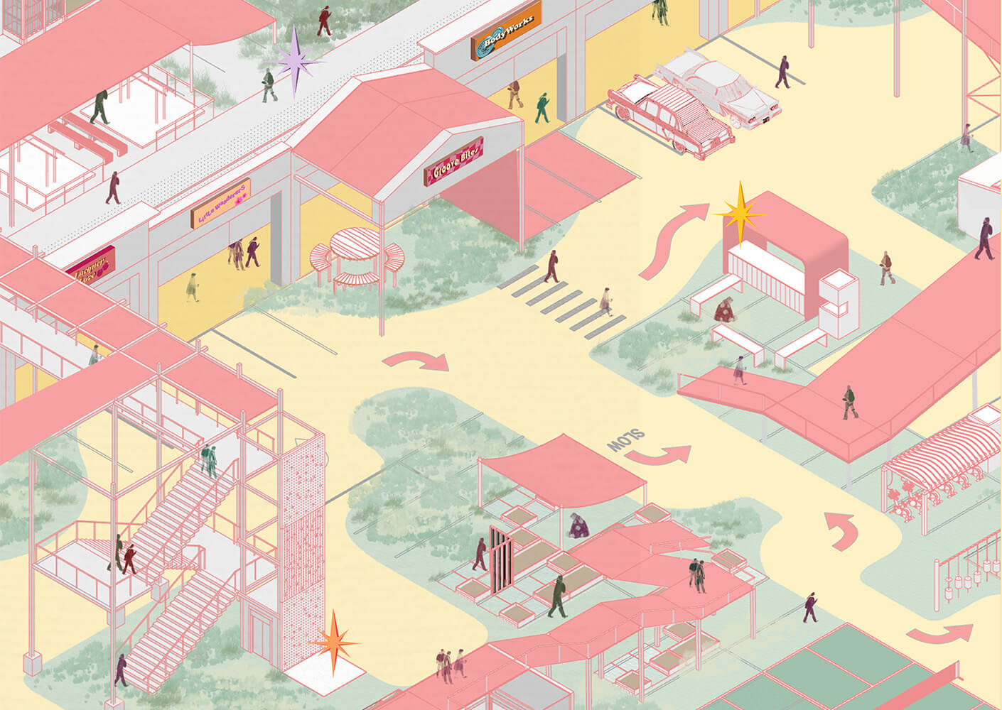 an axon drawing of a reworked strip mall