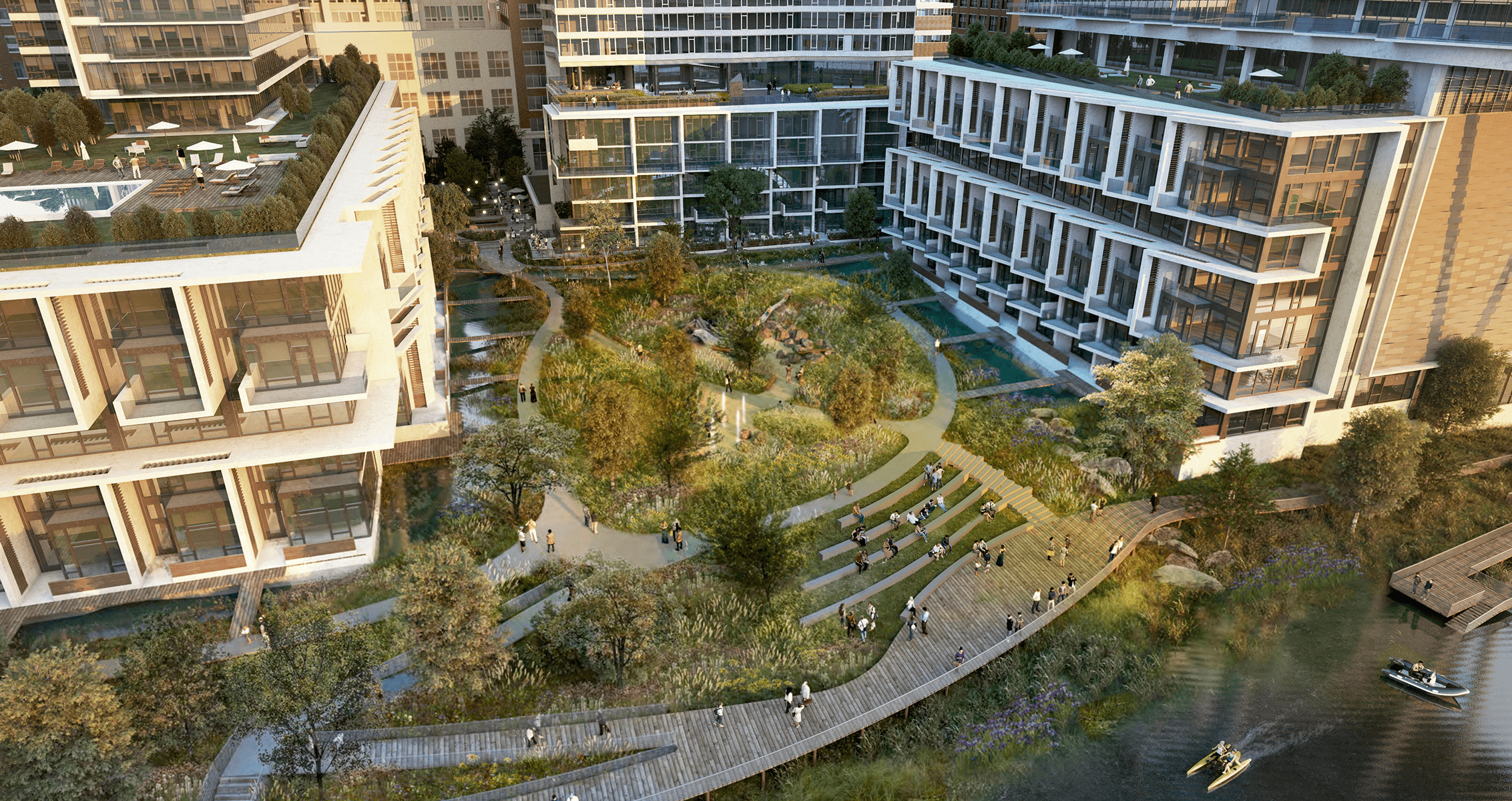 Rendering of park space between residential buildings