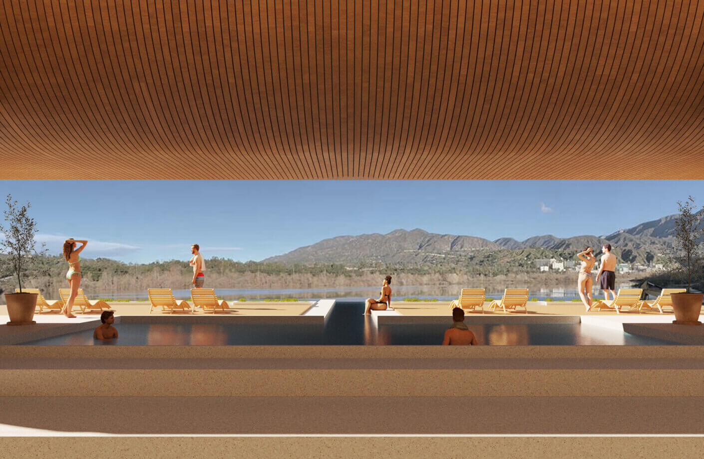 a render of a wood canopied building overlooking a lake