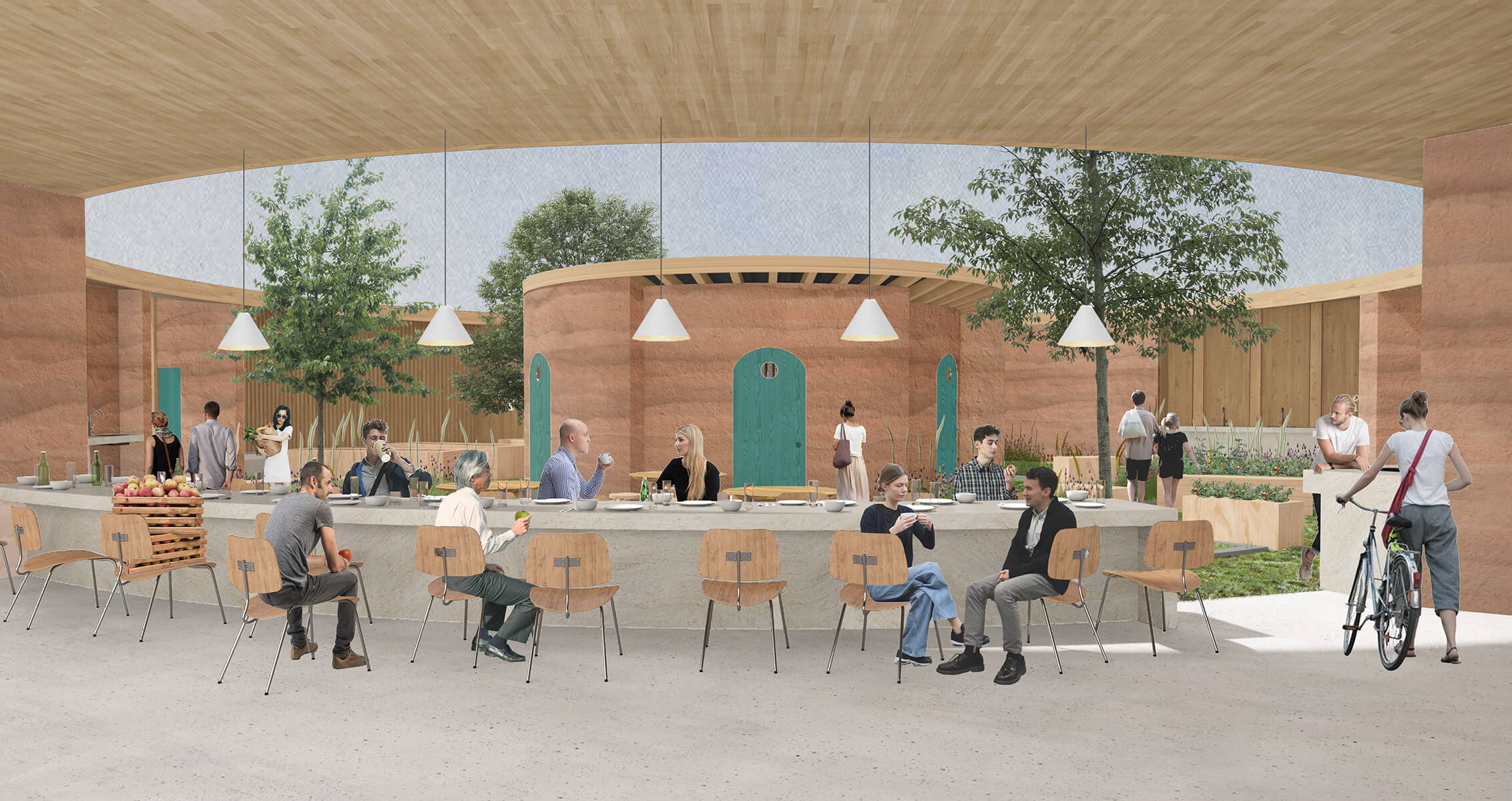 A collage-style render of an open sky cafe