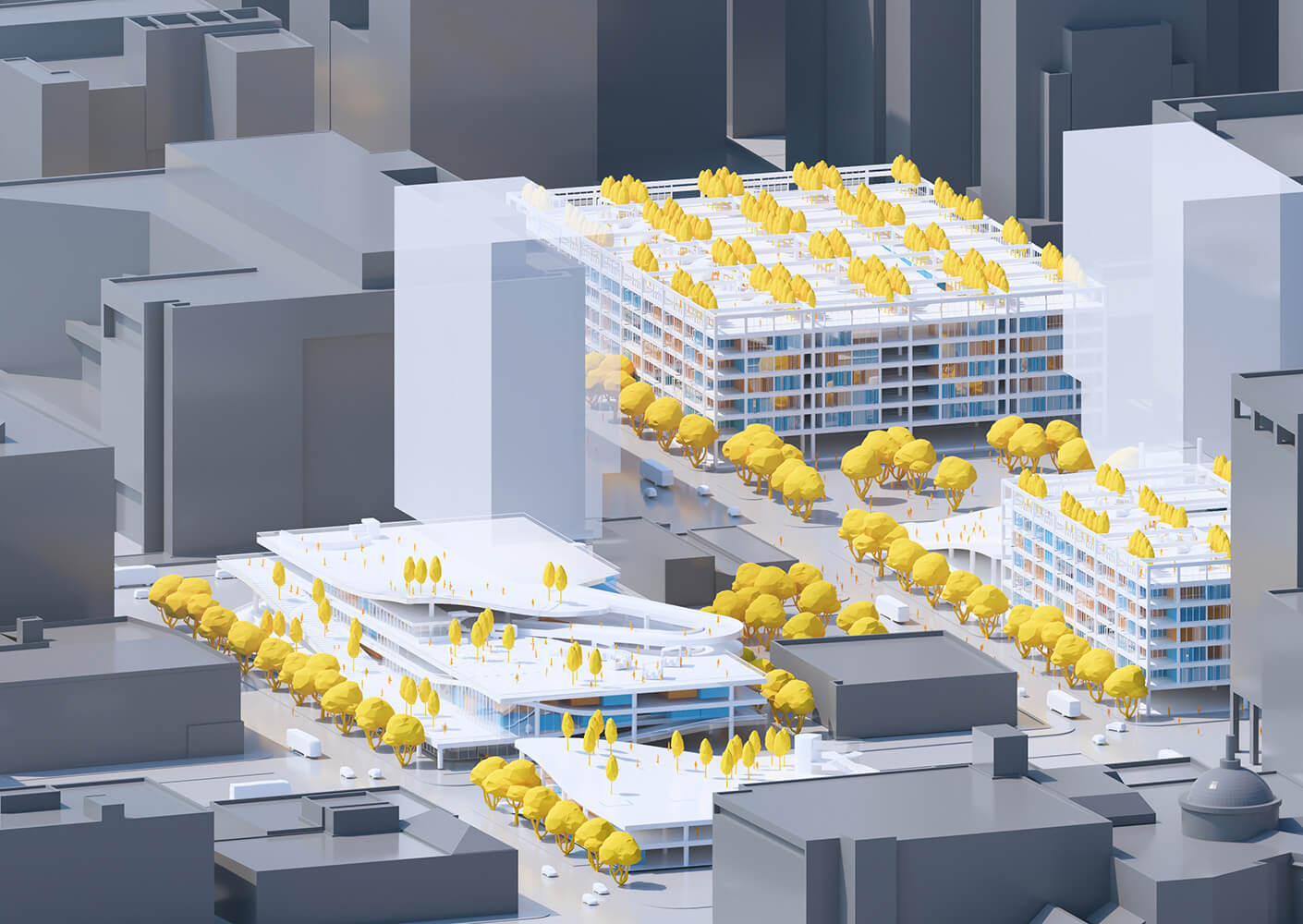 a black and white render of a cityscape with yellow tress overlaid over a parking garage.