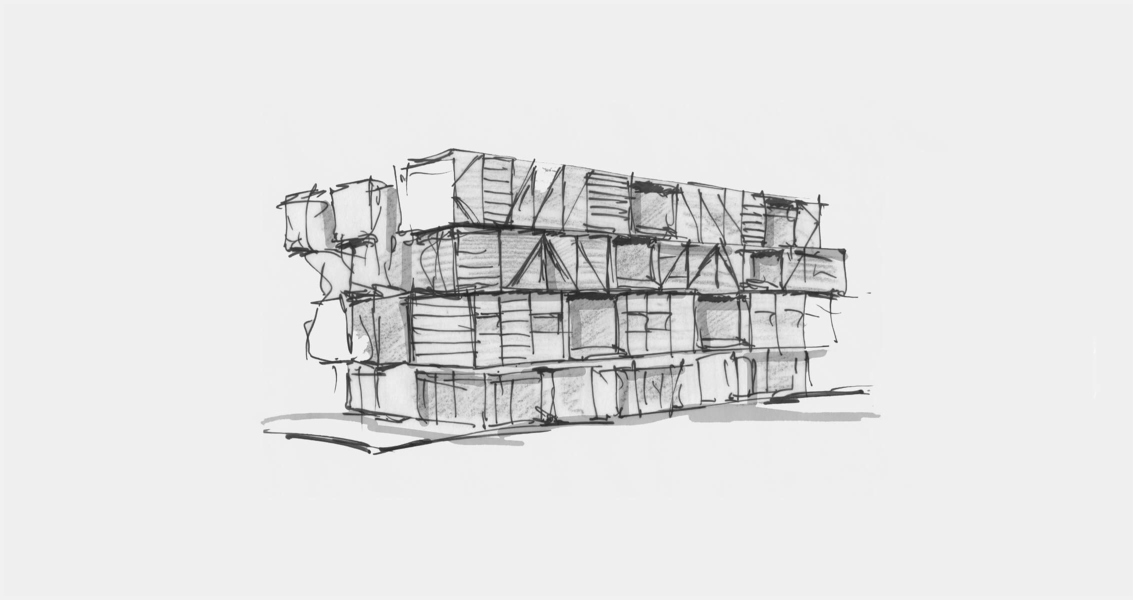 Sketch of a modern, modular building design with stacked geometric shapes in black and white.