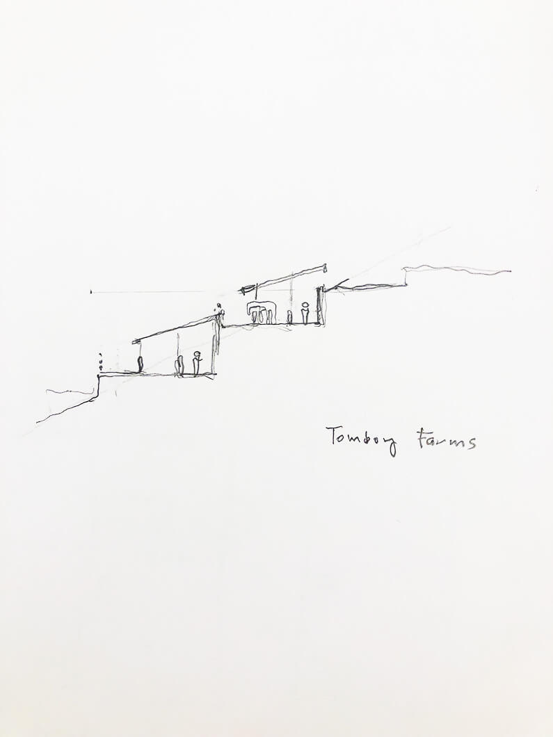 Sketch of a tiered structure labeled Tomboy Farms with figures, showcasing minimalist architectural design.