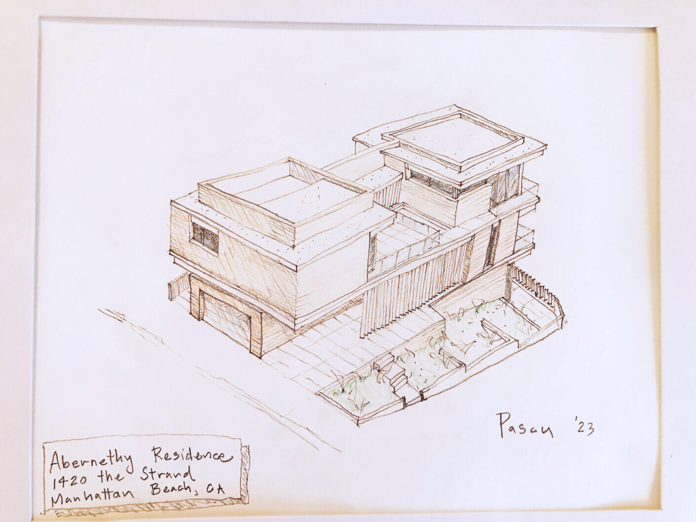 Architectural sketch of Abernethy Residence, modern design in Manhattan Beach, CA, 2023.
