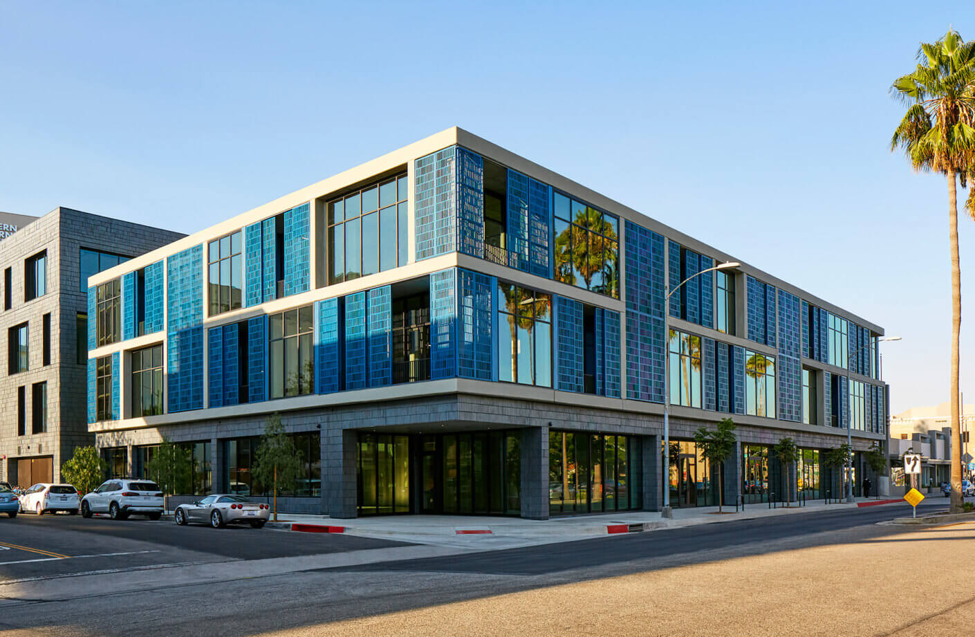 Modern building exterior with blue glass facade reflecting palm trees under clear sky.