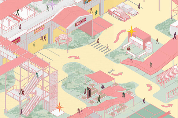 an axon drawing of a reworked strip mall.